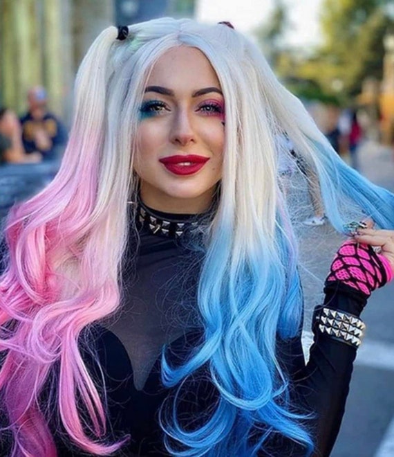 22 Harley Quinn Unicorn biondo blu rosa ombre split dye BODY WAVY LaceFront  NUOVO -  Italia