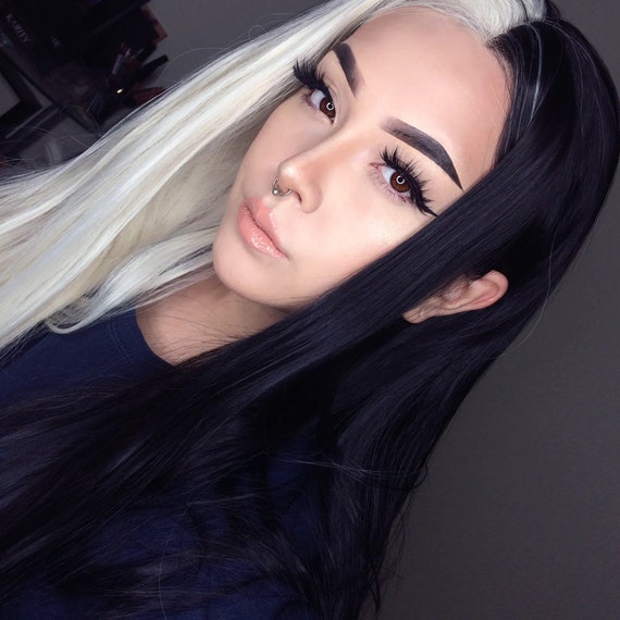 Cruella 24 Black White Split Dye Straight Lacefront Wig Etsy