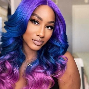 22” PURPLE tri ombre mermaid unicorn body wavy volume curly  5” part space Lace front wig *NEW*