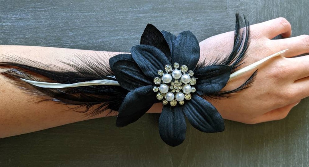 Black Wrist Corsage With Black & White Feathers Jewel/pearl - Etsy