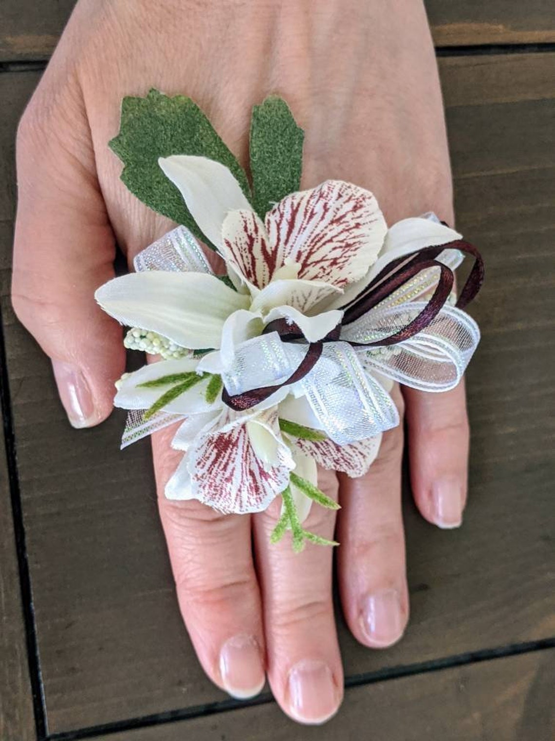 Ring Corsage Burgundy and White Sml Orchid Prom Etsy