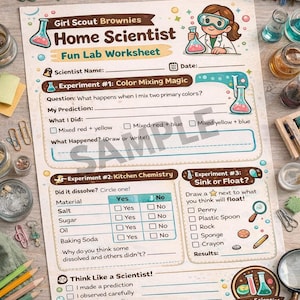 May include: A colorful Girl Scout Brownies Home Scientist Fun Lab Worksheet. The worksheet features sections for experiments on color mixing, kitchen chemistry, and sink or float. Includes fill-in-the-blank sections and illustrations.