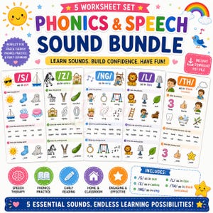 May include: A 5-worksheet set titled Phonics & Speech Sound Bundle featuring colorful illustrations and exercises for /S/, /Z/, /NG/, /L/, and /TH/ sounds. The pages include tasks to color pictures, circle words, and write missing sounds for early learning.