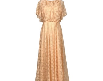 Vintage 70s Pastel Lace Maxi Dress Cottagecore Prairie Bohemian Boho Bridal Wedding Dress Flutter Sleeve Romantic