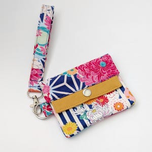 Japanese Floral Wallet - Blue Chrysanthemum Mini Wallet, Small Fabric Wallet with Strap, Handmade Gift for Her