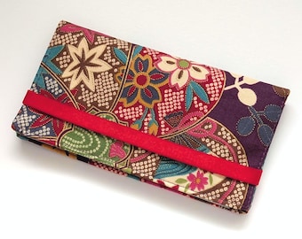 Japanese Floral Checkbook Cover – Kimono Style Cotton Fabric on Purple