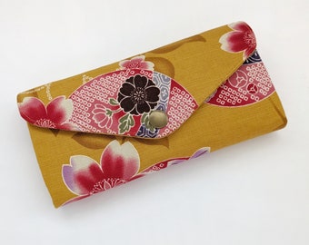 Japanese Floral Long Wallet / Cherry Blossoms Temari Ball / Mustard yellow