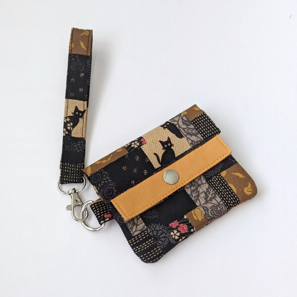 Japanese Minimalist Wallet with Strap/ Black Cats on Black