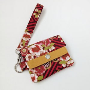 Red Japanese Floral Wallet- Charry Blossom Mini Wristlet Wallet, Handmade Card Coin Purse, Gift for Her, Kimono Fabric Pouch