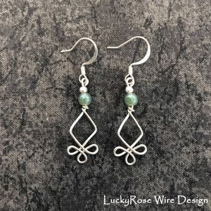 Diamond Clover Wire Earrings, Green Beads, Hook Earrings