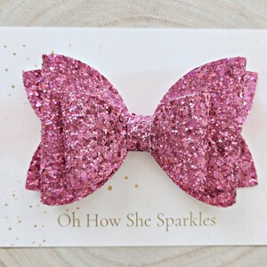 Hot Pink Hair Bow, Bright Pink Glitter Hair Bow, Crystal Hair Bow, 4.5&quot;, Pink Girls Pink Hair Bow, Pink Headband, Special Occasion Hair Bows