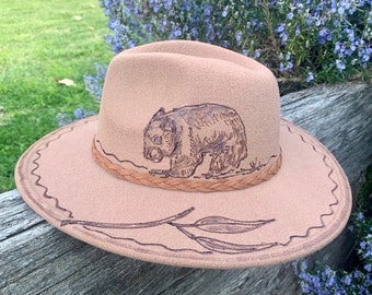 Burnt Art Hat #10:  Wombat, Australia, gumleaves, eucalyptus, tracey mackie art, tracey mackie artist, pyrography, Australian art