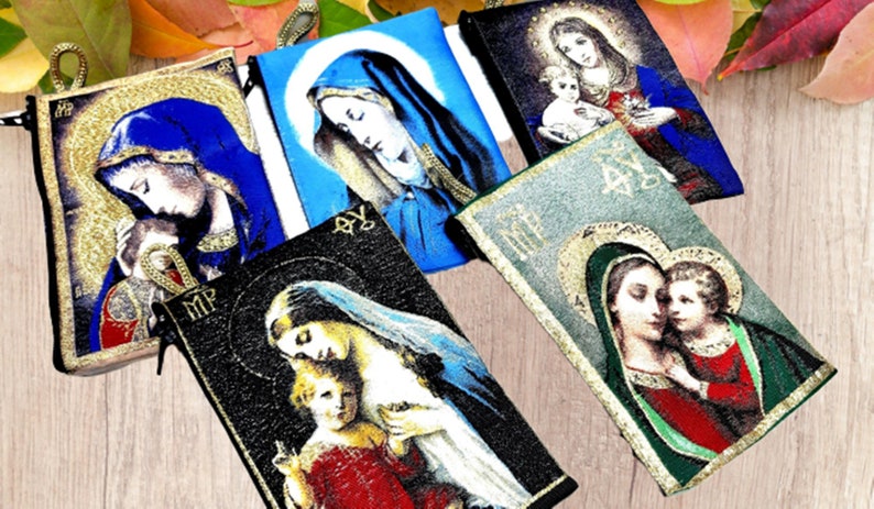 Catholic pouch Rosaries purse Madonna Jesus Case-Chaplet Bag-Icon holder Virgen Mary purse 5 pcs.,Holy Rosary pouch Religious Gift