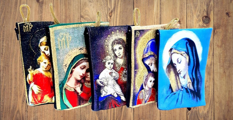 Catholic pouch Rosaries purse Madonna Jesus Case-Chaplet Bag-Icon holder Virgen Mary purse 5 pcs.,Holy Rosary pouch Religious Gift