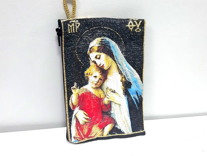 Catholic pouch Rosaries purse Madonna Jesus Case-Chaplet Bag-Icon holder Virgen Mary purse 5 pcs.,Holy Rosary pouch Religious Gift