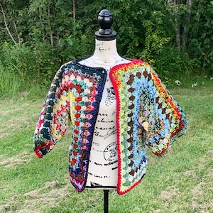 Granny hexagon sweater. Double strand multi color hexagon cardigan