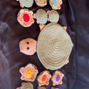 May include: A large crocheted turtle with a light green shell and tan head featuring black eyes, surrounded by twelve smaller crocheted turtle-shaped pieces in various colors including red, yellow, orange, purple, and blue centers.