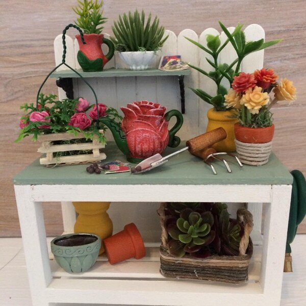 Miniature Potting Bench, Dollhouse Potting Bench, Dollhouse Garden Bench, Miniature Furniture, Miniature Garden Bench, Gardening, Flowers