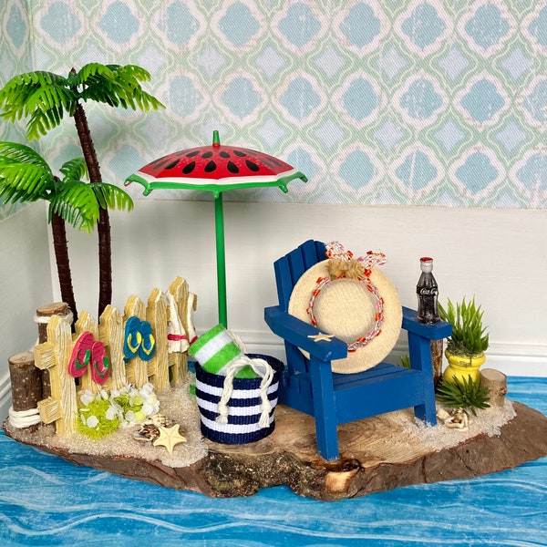 1:12 Scale Miniature Beach Scene, Adirondack Chair, Beach Bum, Dollhouse Landscape, Driftwood Beach Display, Beach Life Setting, Palm Trees