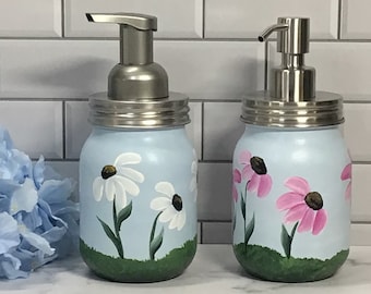 Painted Daisy Spring Soap pump, Easter Soap dispenser, choose the top soap pump, foaming soap pump, toothbrush holder, glass mason jar