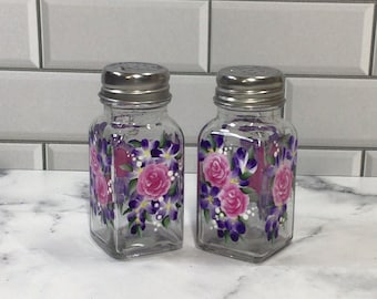 Hand Painted Glass Salt & Pepper Shakers with roses and purple spring flowers, kitchen decor