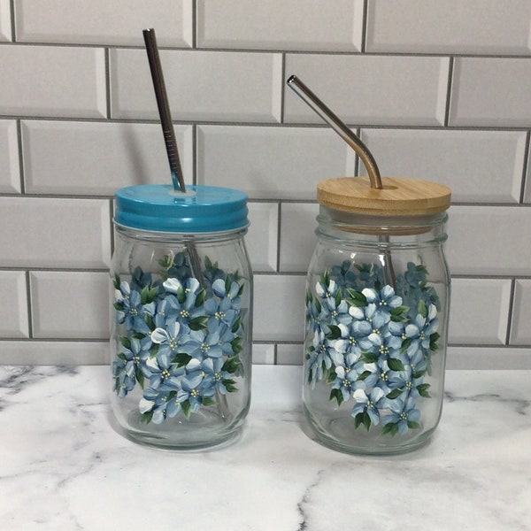 Blue Hydrangeas 16oz Glass Tumbler, Hand Painted mason jar with lid and straw, you choose the lid