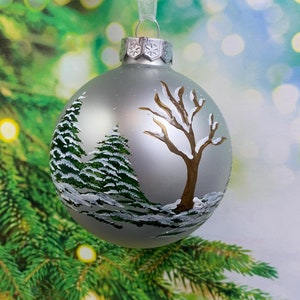 Silver glass ornaments with Snow covered trees painted all around, glass Christmas keepsake ornaments, optional gift box