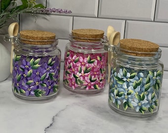 Floral glass jar with spoon, Hand Painted 8 oz jar bath salts or loose tea container bamboo spoon with cork lid, makes great gift