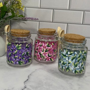 Floral glass jar with spoon, Hand Painted 8 oz jar bath salts or loose tea container bamboo spoon with cork lid, makes great gift