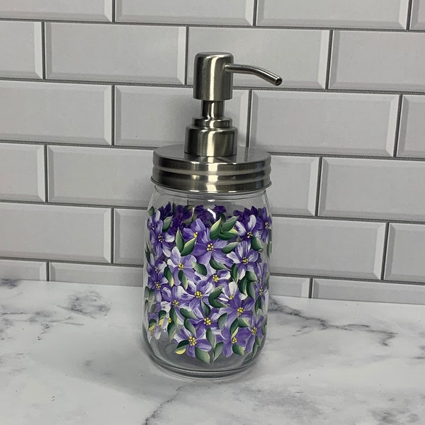 Purple Hydrangeas Soap dispenser, Painted spring Floral soap pump, great Mother's Day gift, choose top for hand soap or foaming soap pump