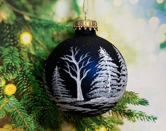 Snow covered trees painted on dark midnight blue matte glass ornaments, glass Christmas keepsake ornaments, gift box optional