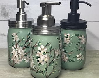 Floral Soap dispenser, dogwood on sage green glass mason jar, hand painted soap pump, choose Foaming, Dish or hand Soap lid