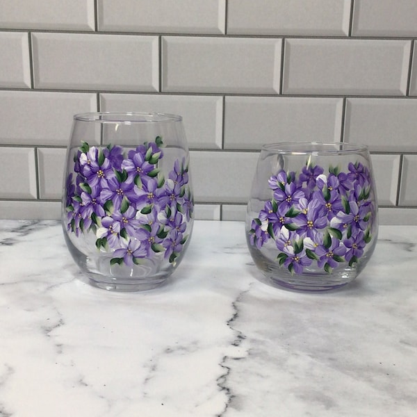 Stemless Wine or Drinking glass Hand Painted with floral design, available in 12oz & 15oz, dishwasher safe, makes great gift