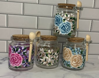 Hand Painted 8 oz glass jar bath salts or loose tea container bamboo spoon with cork lid, makes great gift for Mother's day