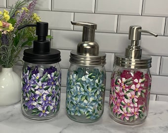Spring Hydrangeas Soap pump, Hand Painted Floral soap dispenser, great Mother's Day gift, choose the top soap or foaming soap pump