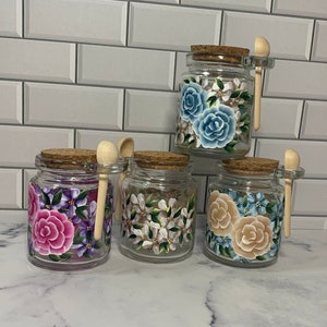Hand Painted 8 oz glass jar bath salts or loose tea container bamboo spoon with cork lid, makes great gift for Mother&#39;s day