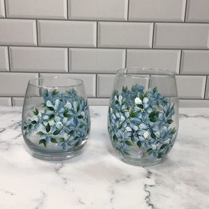 Painted Drinking glass or stemless wineglass, Hand Painted with floral design, available in 12oz & 15oz, dishwasher safe, makes great gift