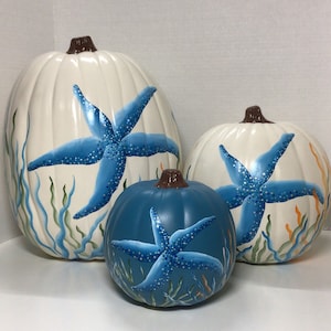 Coastal pumpkins starfish Painted faux pumpkin acrylic painting, beachy fall decor for centerpiece or front porch