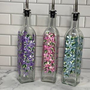 16 oz Glass Oil bottle or Vinegar bottle with spout, hand painted spring florals oil decanter painted, kitchen decor