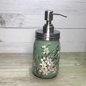 Floral Soap dispenser in sage green with hand painted flowers all around, great Valentine's, Mother's Day or birthday gift, choose soap pump