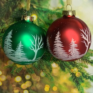 Snow covered trees painted glass ornaments, glass Christmas keepsake ornaments, Red or Green