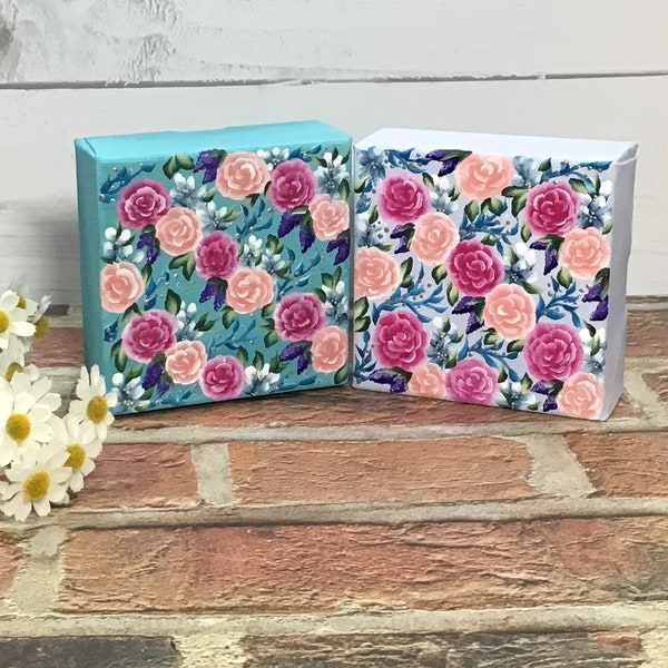 4x4 Floral Mini canvas, great office or desk decor, hand painted flowers on premium quality stretched canvas