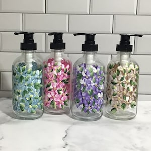 8oz Glass Soap dispenser, 4 color options of hand painted floral hydrangea design, great for regular hand or dish soap