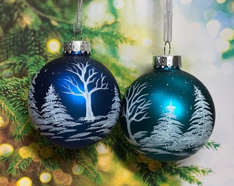 Blue or Teal glass ornaments with Snow covered trees painted all around, glass Christmas keepsake ornaments, optional gift box
