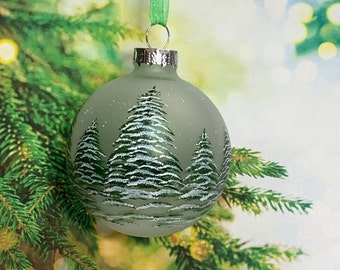 Painted frosted glass ball ornament with snow covered trees, Christmas keepsake present with optional gift box, painted winter scene