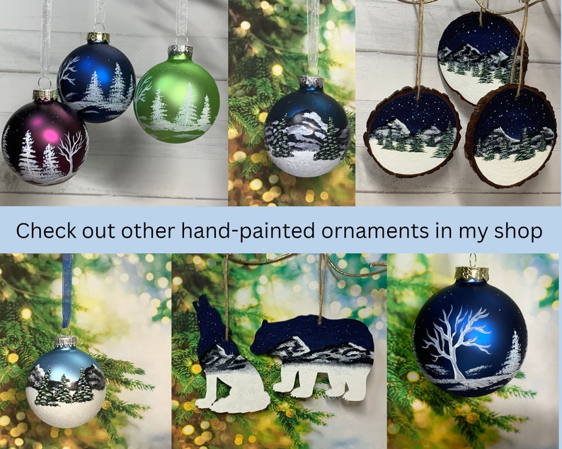 Silver Glass Ornaments With Snow Covered Trees Painted All Around