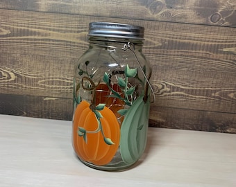 Fall Pumpkin patch Large 32oz Glass Fairy jar lantern solar lights w/handle, hand painted all around, Fall garden decoration
