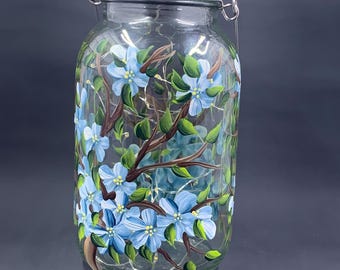 Blue floral Solar light, Large 32oz Glass Fairy jar lantern solar lights w/handle, light blue blooms painted all around, garden decoration