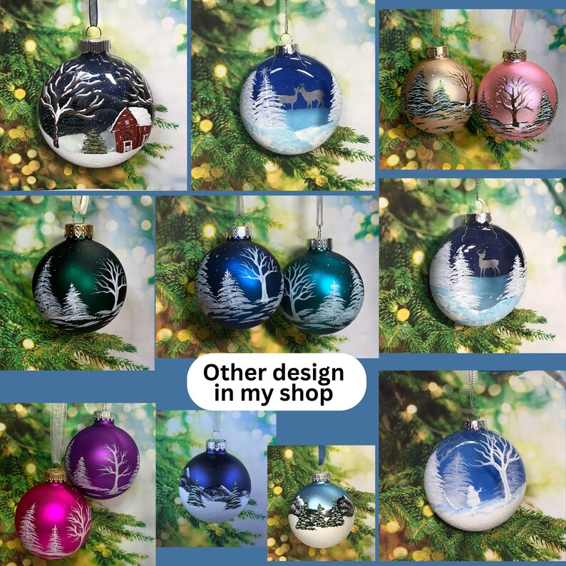 Silver Glass Ornaments With Snow Covered Trees Painted All Around