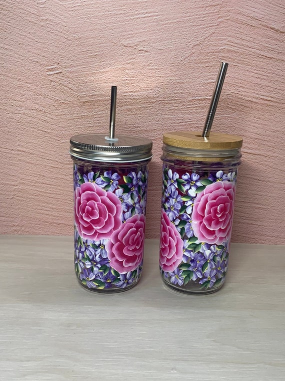 Pink & Purple Floral 24 Oz Glass Tumbler, Hand Painted Mason Jar With Wide  Mouth Metal or Bamboo Lid Choose to Add Straw 